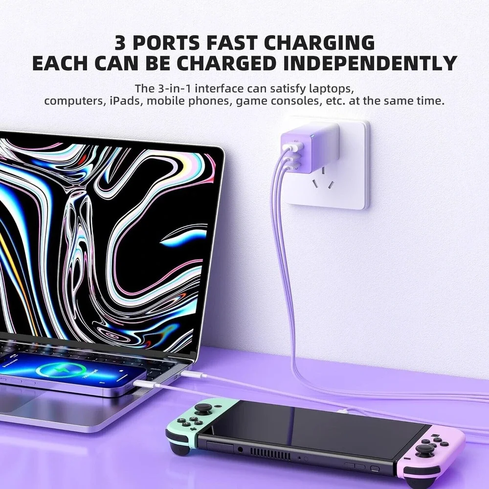 65W GaN III Fast Charger for Nintendo‎ Switch/MacBook – 3-Port Adapter w/ Cable